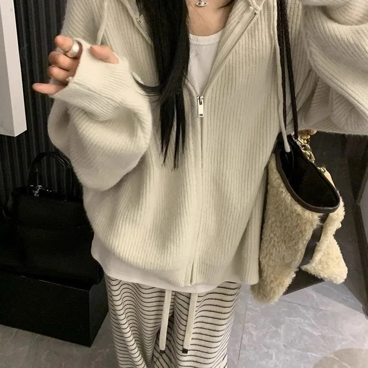 

Korean Style Zipper Hoodie Women's Autumn Winter New Inner Lazy Knitted Open Cardigan Sweatshirt Jacket Female Fashion