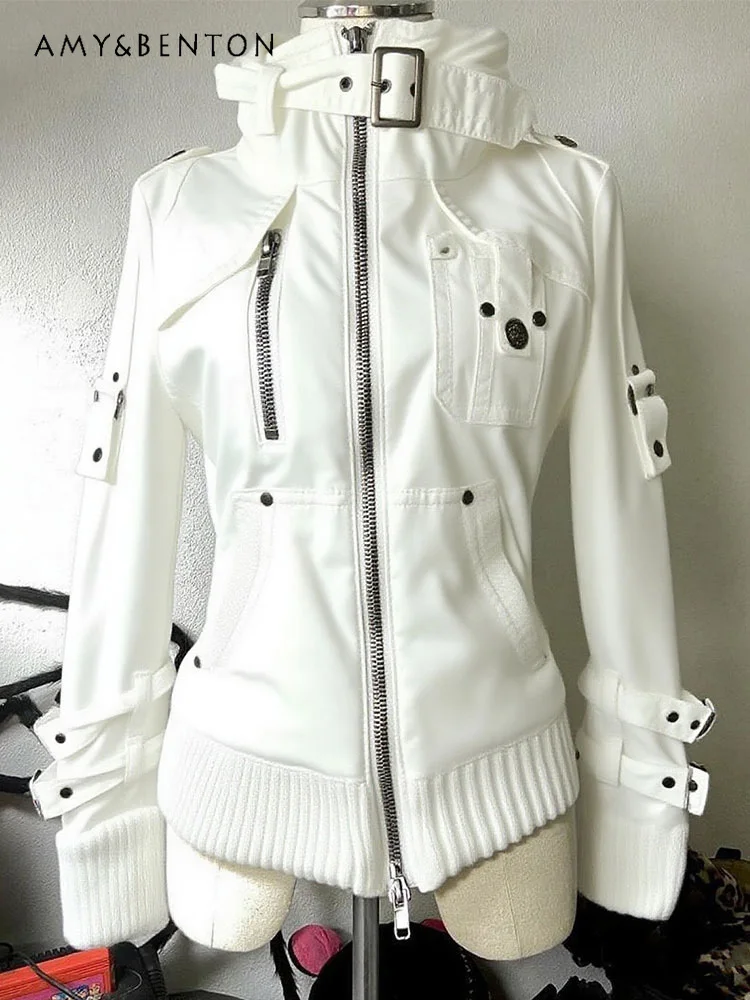

Harajuku Style American Retro White Jacket for Women Subculture Gothic Stand Collar Long Sleeve Slim Versatile Jacket Autumn New