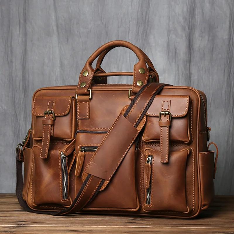 Retro Herren Leder Handtasche Oberschicht Rindsleder Aktentasche Große Kapazität Reisetasche Crazy Horse Leder Laptop Umhängetasche NZPJ – Detail 6