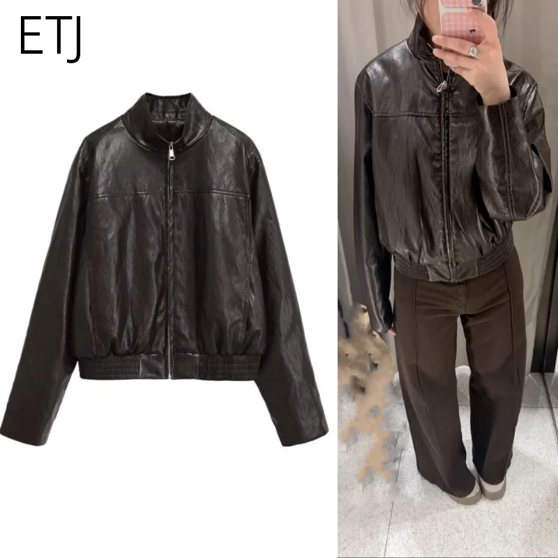 

ETJ Women's PU Leather Bomber Jacket 2026 Spring Short Crop Fit Zipper Stand Collar Fashion Casual Outerwear Coat
