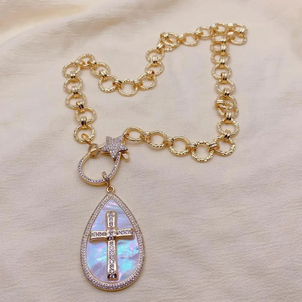 KKGEM 30x45mm Natural White Sea Shell Cz Pave Crucifix Pendant Gold Plated Chain Necklace