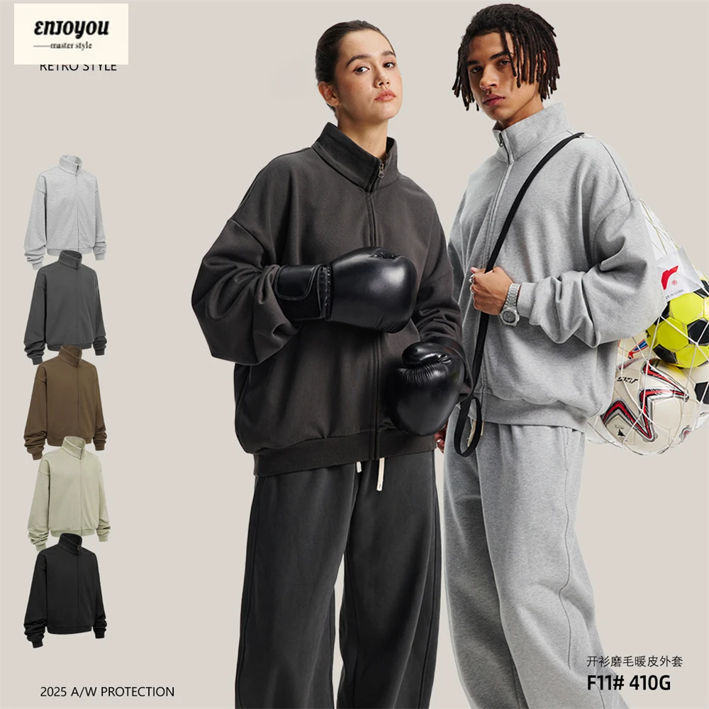 

ENJOYOU мода 2025 зимние мужские флисовые толстовки на молнии 410 г/м2 унисекс тяжелые теплые пальто на молнии с воротником-стойкой HY1128