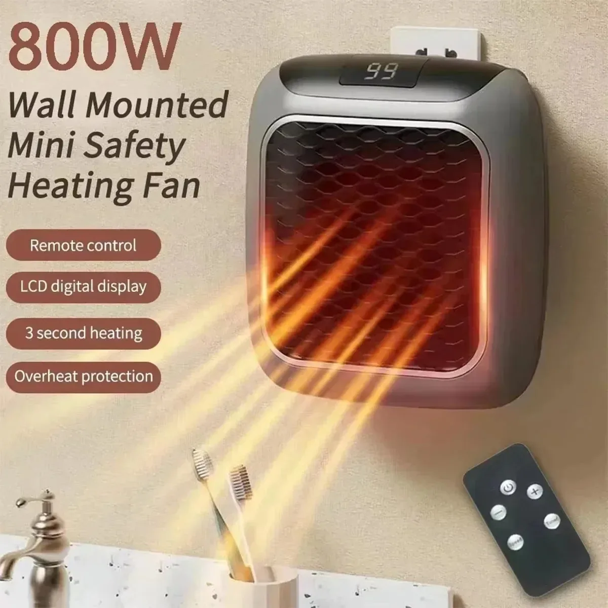 Mini Heater Wall Mounted 800W Electric Heater with Remote Control Hot Air Blower Small Heating Stove For Bedroom Bathroom