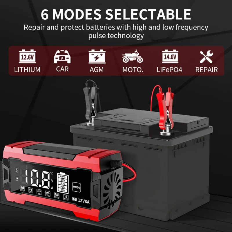 SWT-3820 12V8A Color Screen Car Battery Charger 8A 12V Car and Motorcycle Battery Charging Device Lead-acid Battery Sma