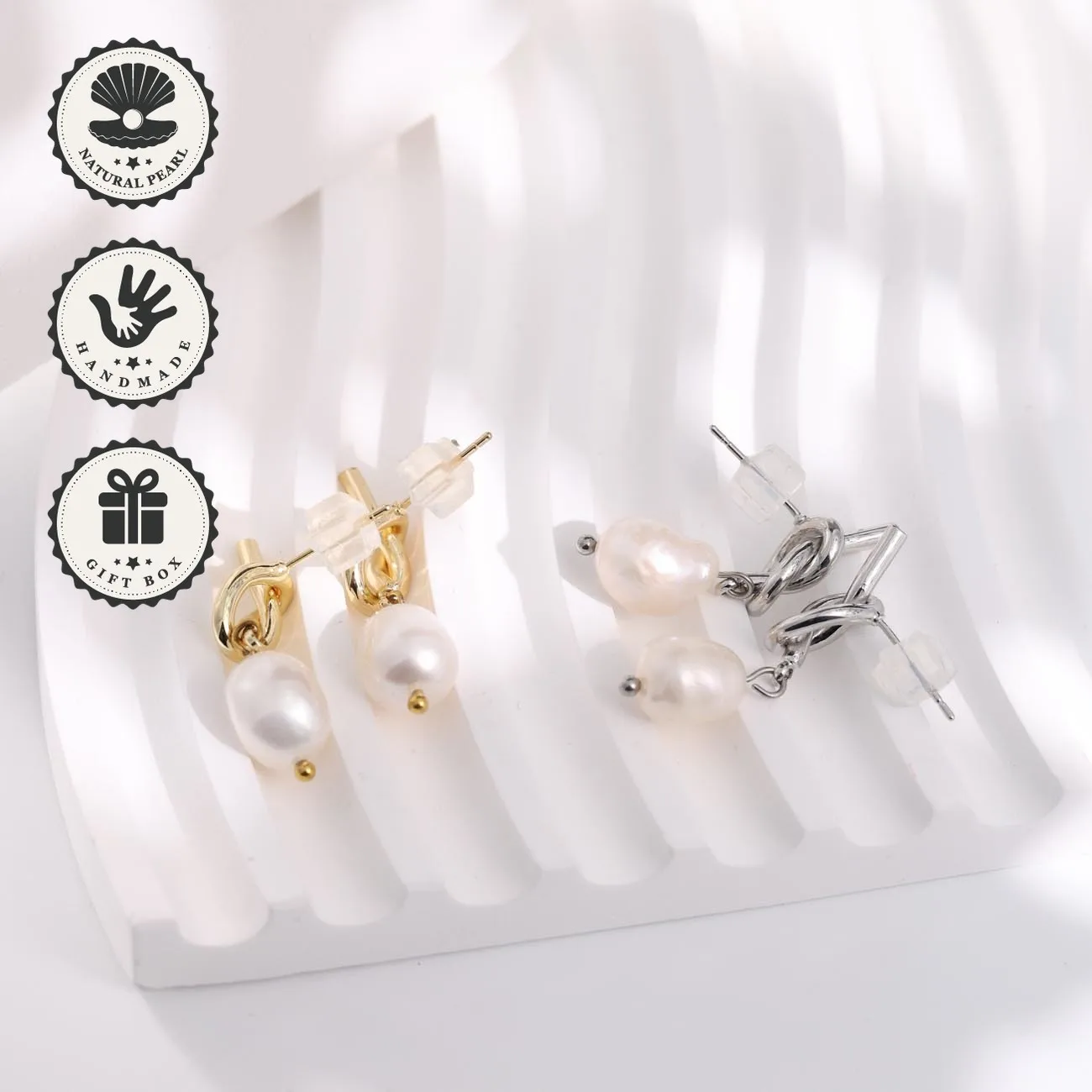 

Mysoya Golden Silvery Knot Earrings White Baroque Freshwater Pearl 8–9mm Gift Box Valentine’s Day Birthday Gift For Her