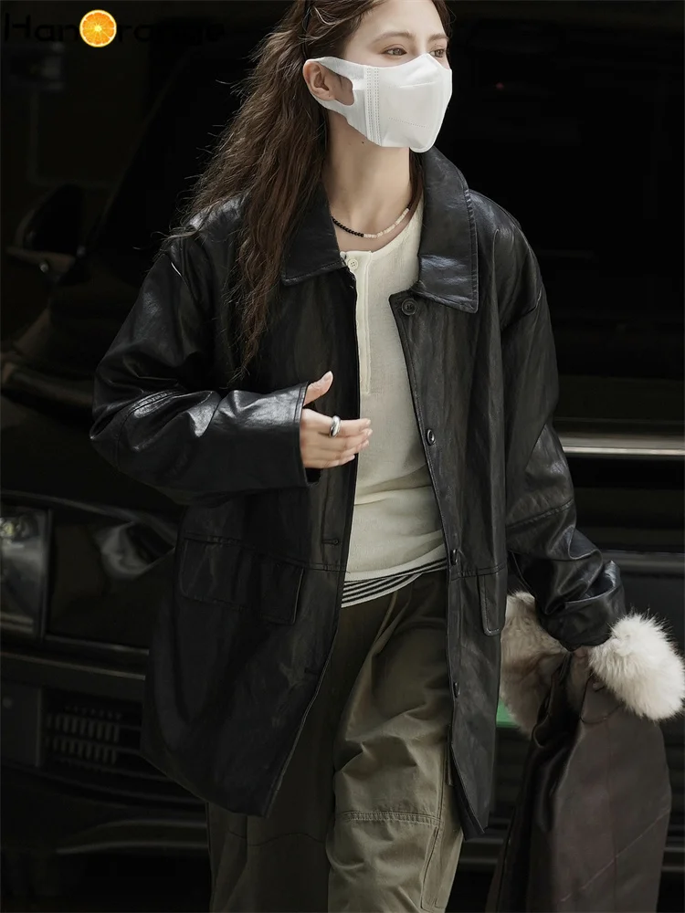 

HanOrange 2025, зимняя модная куртка из искусственной кожи с плоским разрезом, женское свободное пальто, кофейное