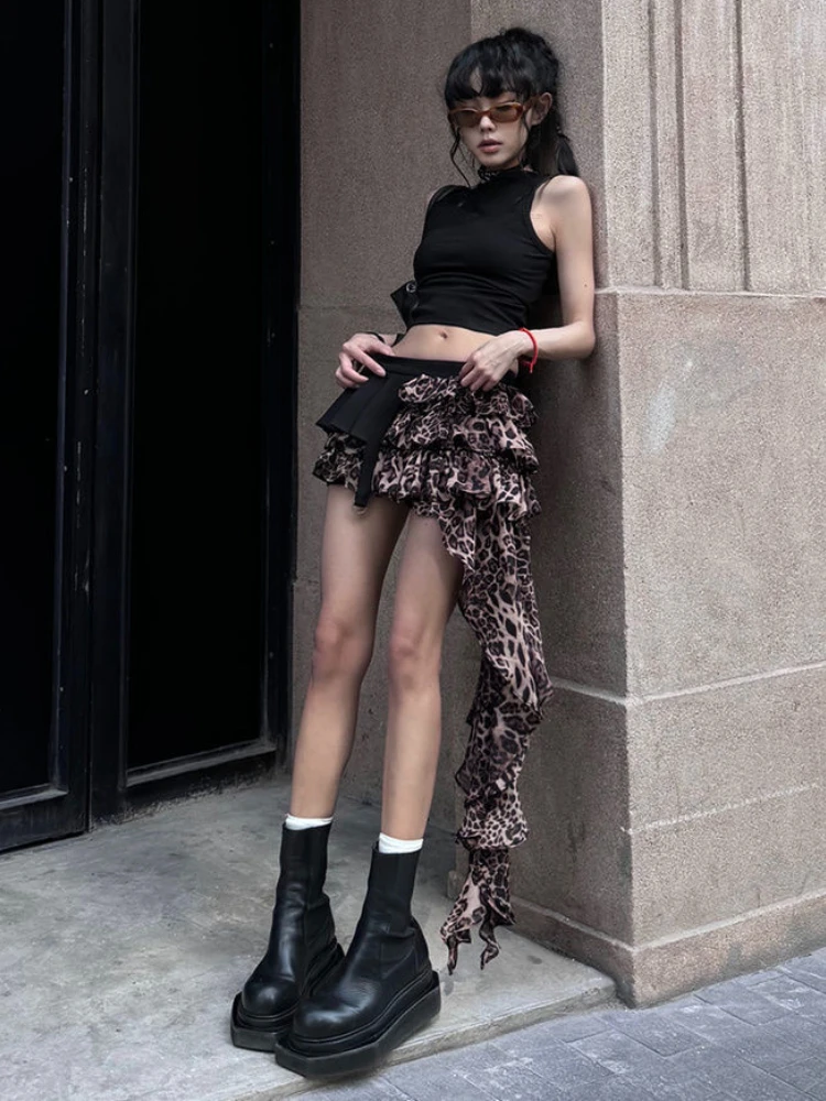 Y2k Aesthetic Leopard Irregular Women's Skirt Sexy Streetwear Patchwork Skirts 2024 Summer Personality Harajuku Ruffles Faldas