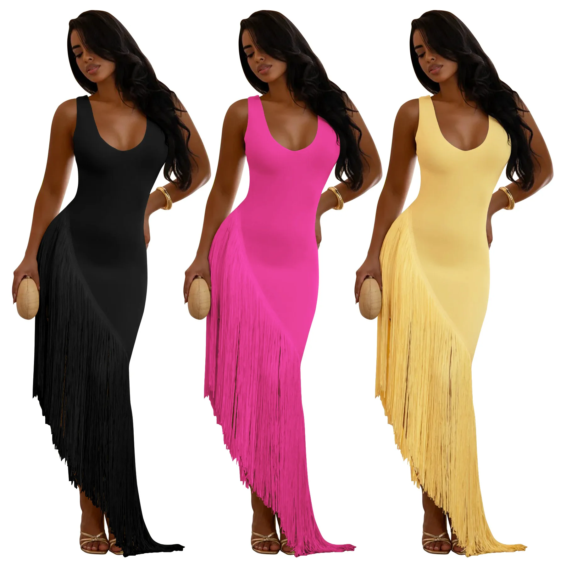 Strap Backless Tassel Patchwork U-neck Dress Party Graduation Ceremony Formal Sexy and Elegant Women's Dress