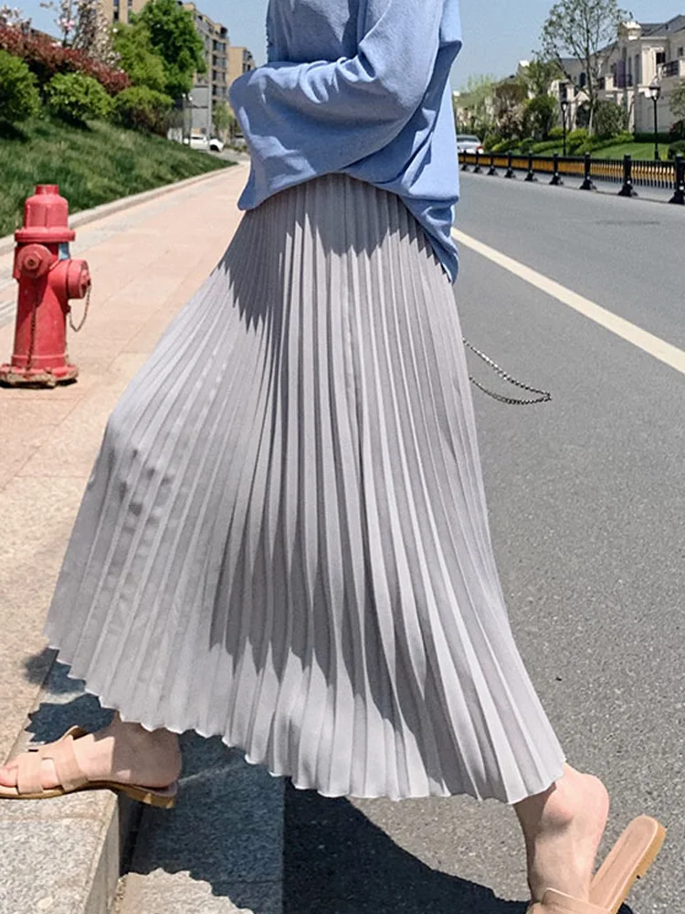 Womens Chic Pleated Swing Long Skirt with Liner Korean Fashion Kawaii Elastic High Waist OL Chiffon Shirring Mermaid Skirts K77