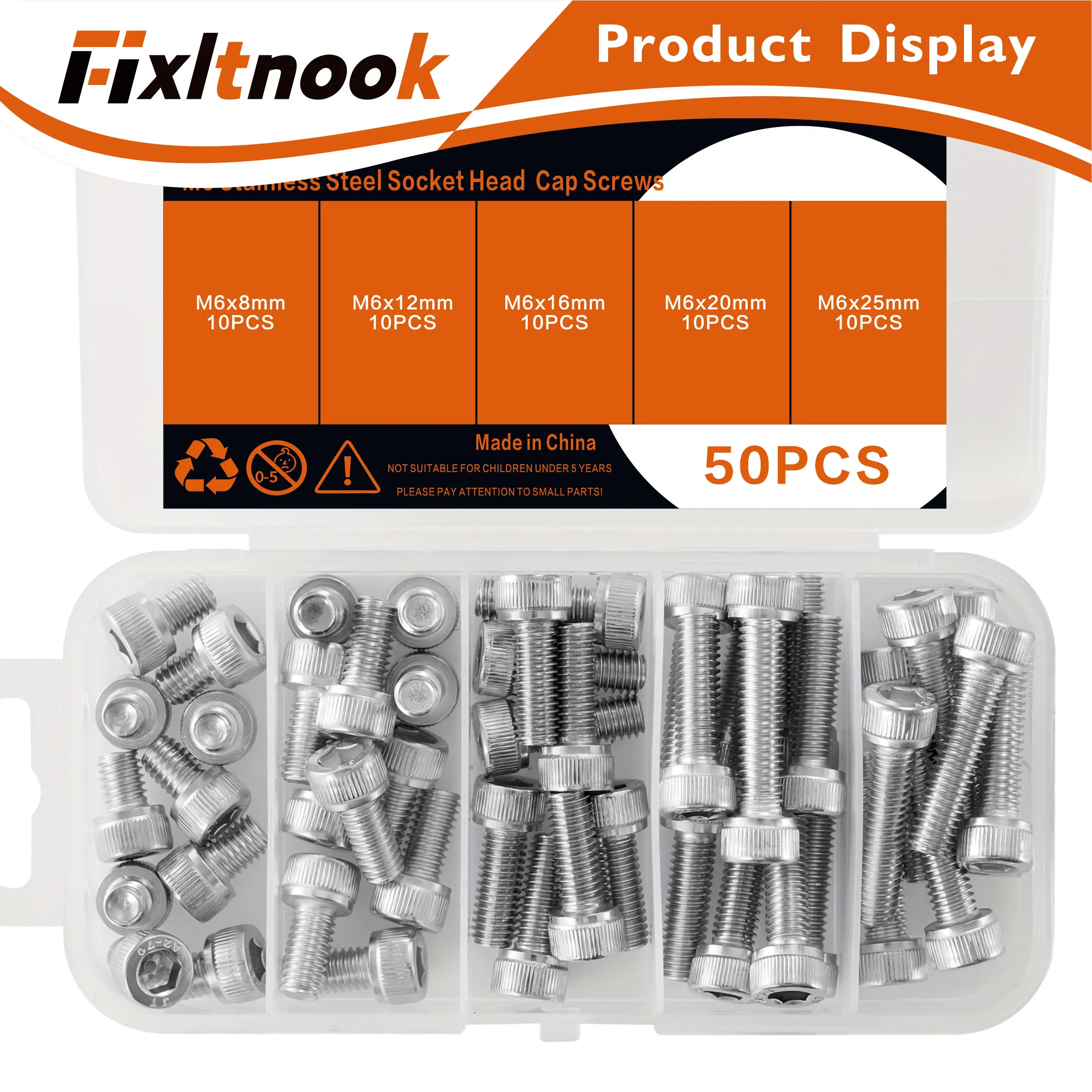 

50 pieces, M6 stainless steel screws - diverse specifications, thread lengths ranging from 8mm to 20mm, hexagonal concave cup he