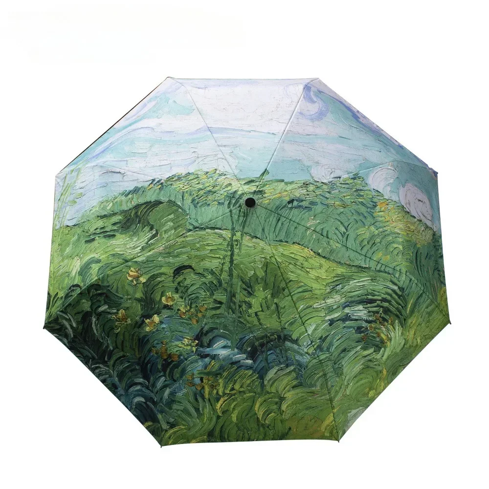 Oil Painting Automatic Umbrella Small Fresh Vinyl Umbrella Oil Wind Resistant Sun Folding Van Gogh Painting Windproof Umbrellas