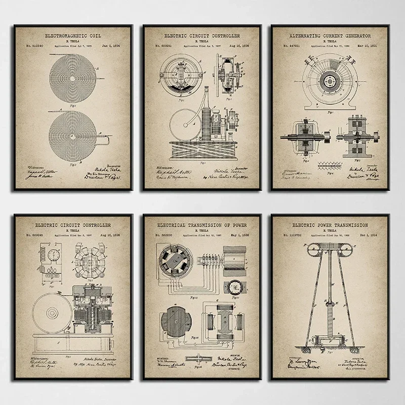 Tesla Electrical Patent Vintage Posters Prints Canvas Painting Wall Art Picture for Office Home Decor Electrical Engineer Gift