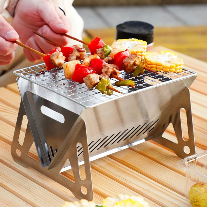 Outdoor Camping BBQ Grill Stainless Steel Folding Barbecue Grill Wood-burning Camping Stove Charcoal Grill Camping BBQ Equipment