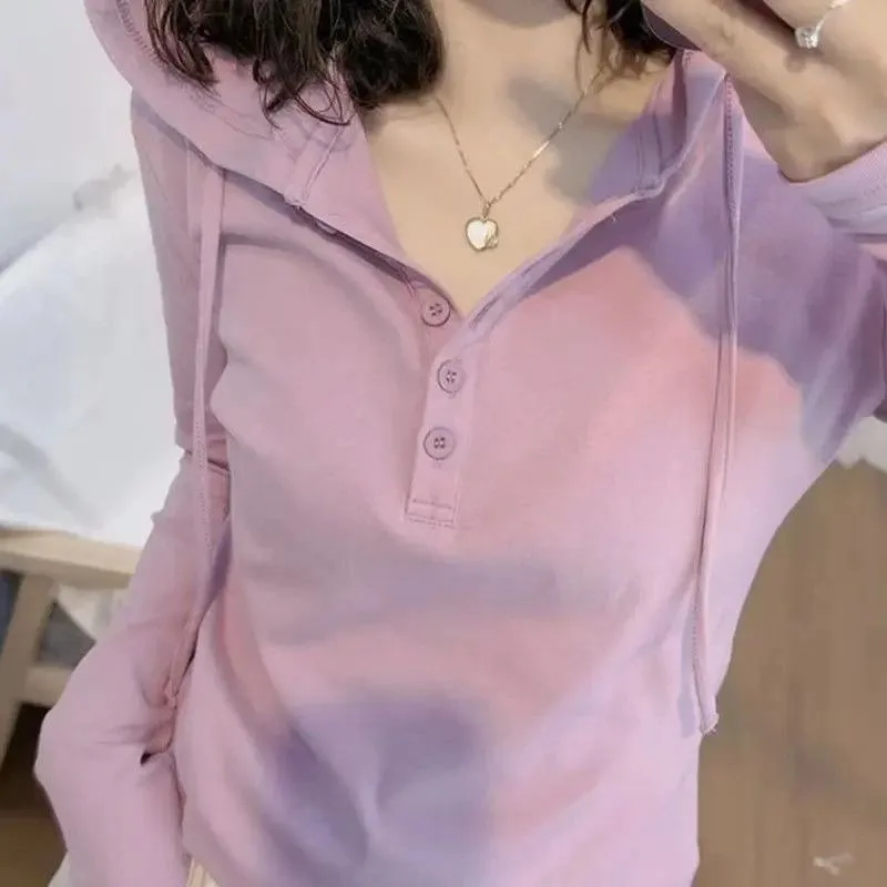 Women Hooded Long Sleeve Shirt Combed Cotton Slim Fit Solid Casual Top