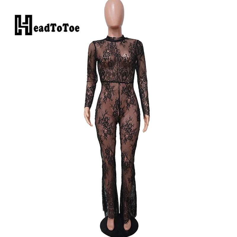 Sexy See Through Hallow Out Lace Jumpsuit Women Long Sleeve Skinny Party Club One Piece Jumpsuits