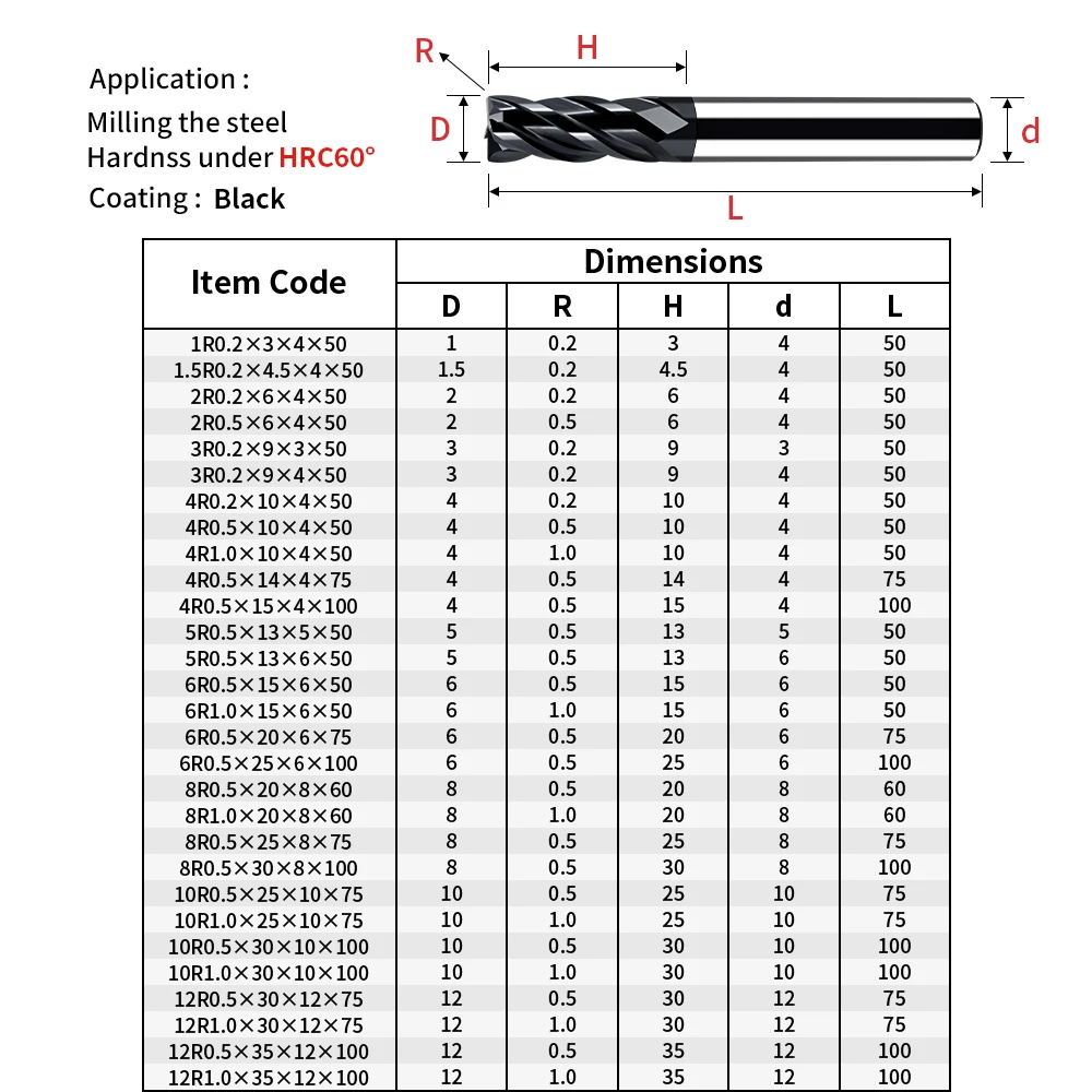 Augusttools HRC60 Corner Rounding End Mills 4Flutes Milling Cutter For Metal Carbide Tungsten Steel Endmill CNC Maching Tools