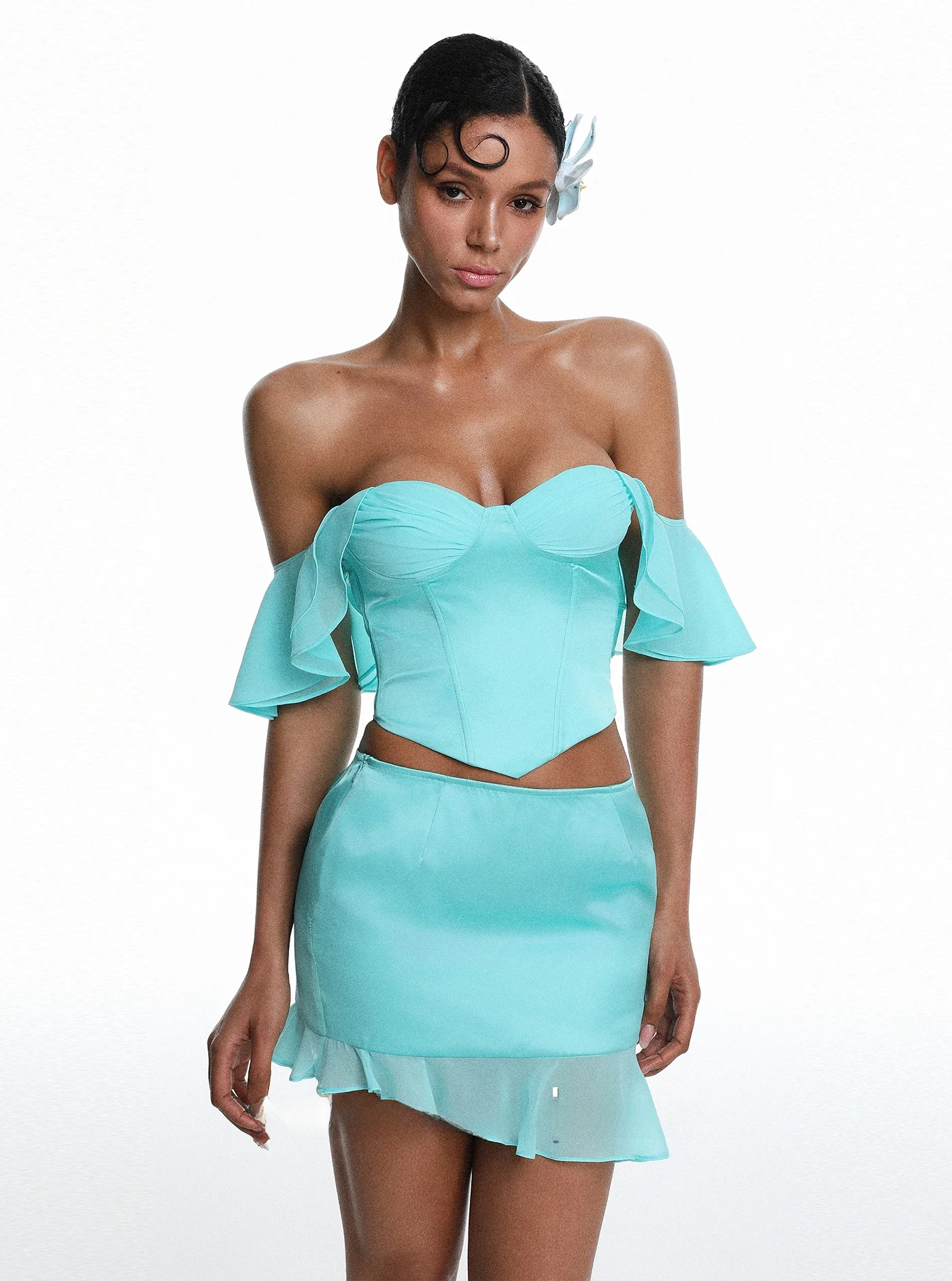 

Mint Green Satin Short Skirt with Belt And Sleeveless Top Women's Fashion Set High Waist Spring Season Tagkita Brand