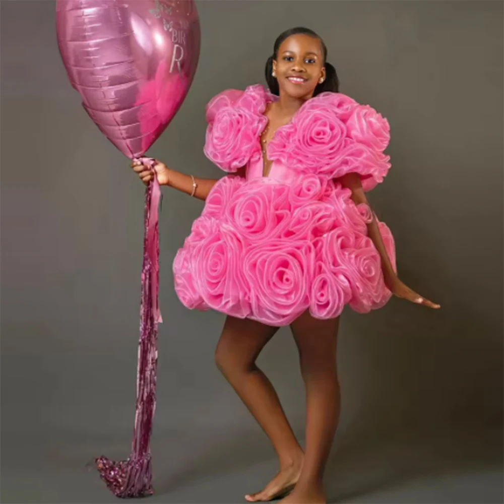 

Розовые оборки для девочек, платья для дня рождения, короткие платья для выпускного вечера из органзы с рюшами и цветочным принтом, женские вечерние платья для торжественных случаев