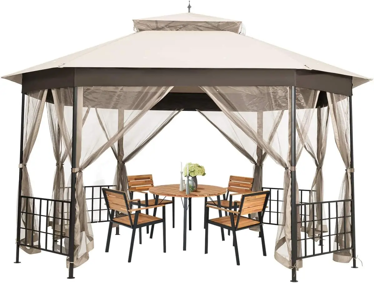 

10 x 12 Ft Patio Gazebo, Heavy Duty Octagonal Canopy Gazebo w/Netting Sidewalls and Sturdy Steel Frame, Double Roof Vented