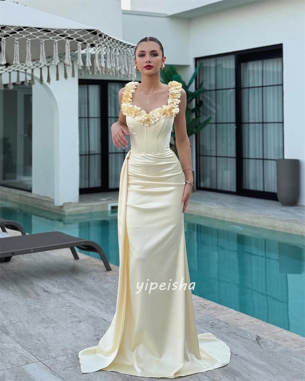 Индивидуальные современные стильные элегантные платья ручной работы с цветочными складками, прямые длинные платья с открытыми плечами, одинаковые платья для особых случаев на заказ