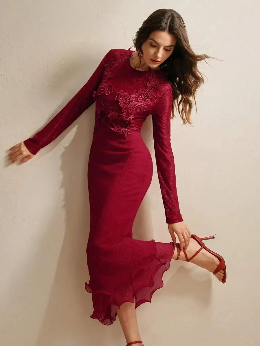 

Women Floral Embroidered Mesh Peplum Long Sleeve Elegant Dress