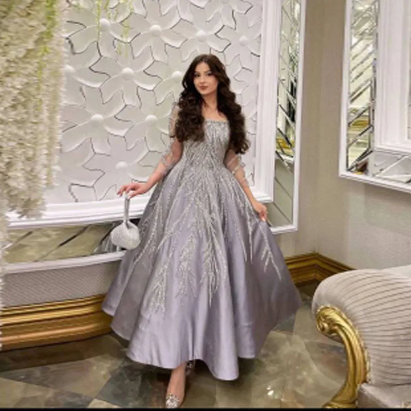 Elegant Beaded Prom Dress Women Square Neck Long Sleeve Party Evening Gown Ankle Length Saudi Special Occasion Dresses