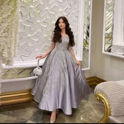 Elegante vestido de baile frisado para mulheres, gola quadrada, manga comprida, vestido de festa, comprimento do tornozelo, saudita, vestidos para ocasiões especiais