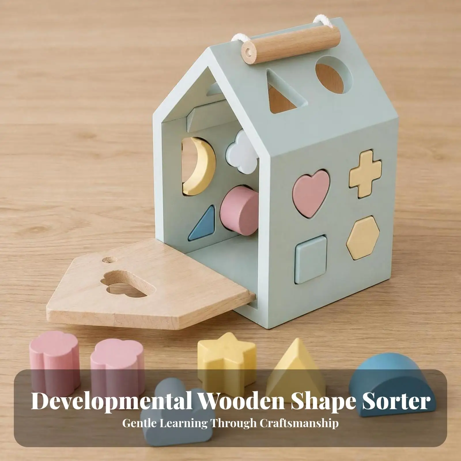 Wooden 3D Puzzle Shape Sorter House for Children Pastel Colored Blocks with Roof and Front Panel Cutouts for Interactive Play