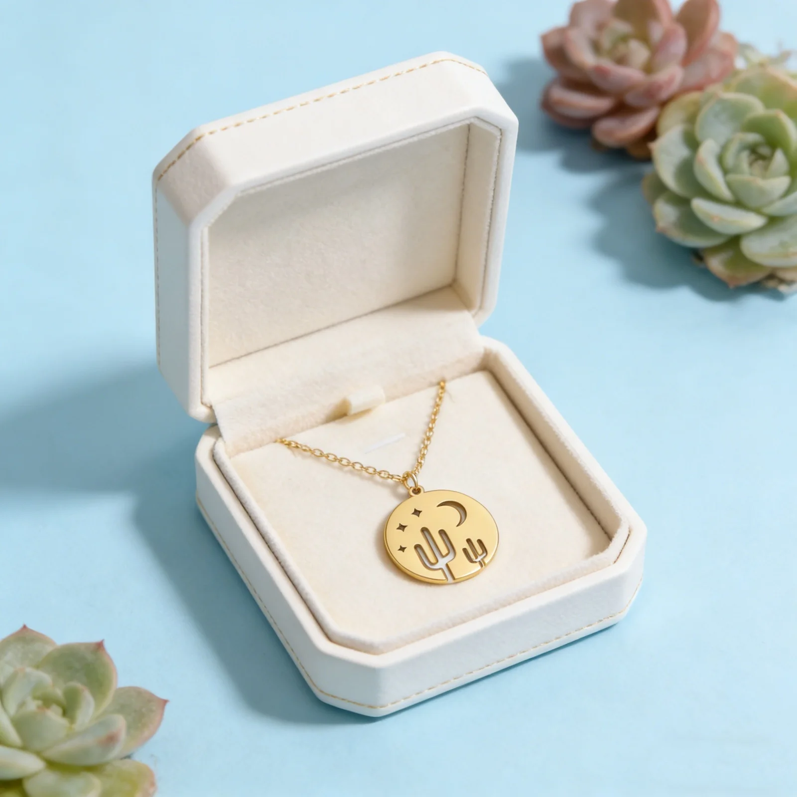 Skyrim Kaktus-Halskette, Nacht, Mond, Wüste, Pflanzen, Kette, Geschenk für Frau, Mann, goldfarben, Edelstahl-Anhänger, Modeschmuck