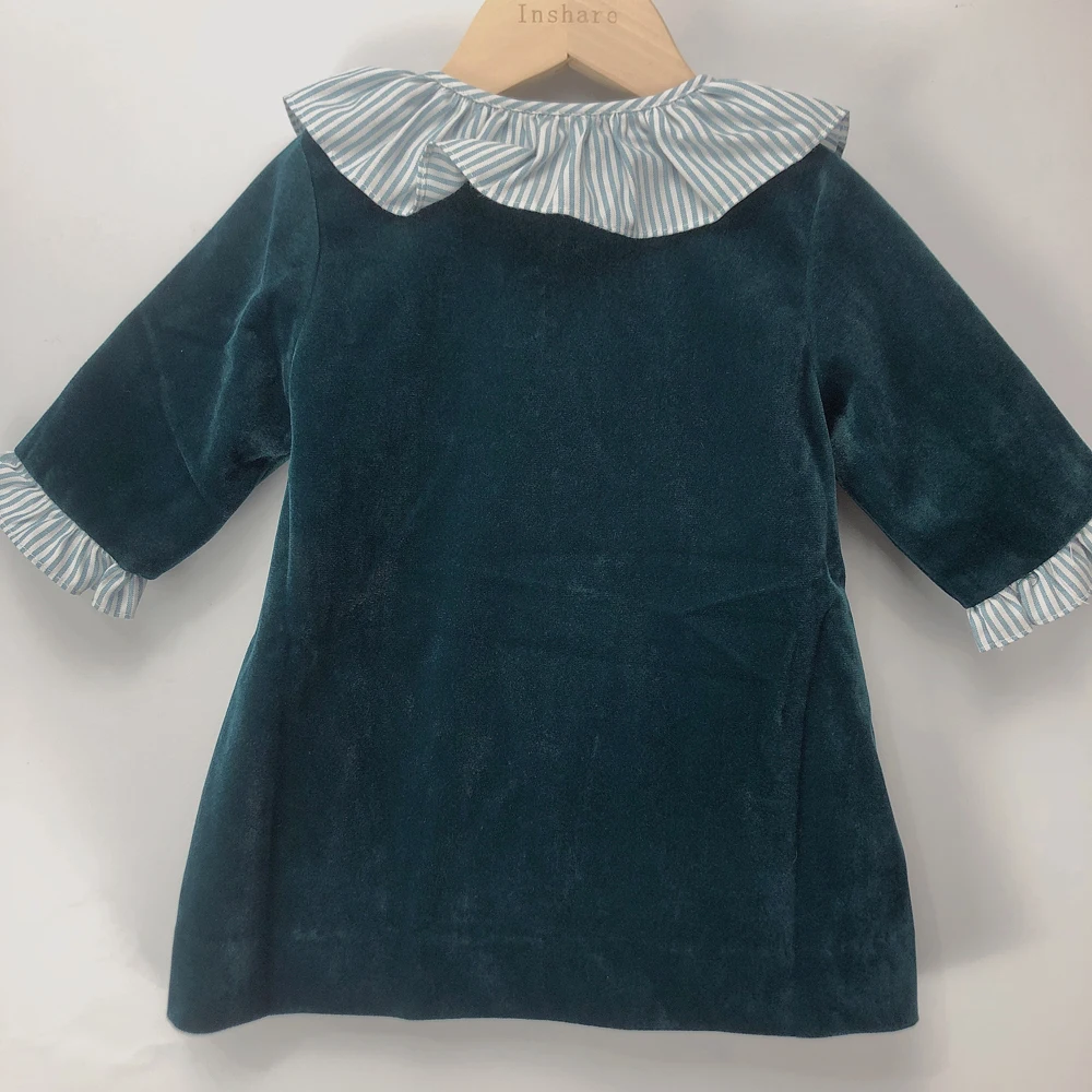 Children Boutique Spanish Clothing Girls Green Velvet Half Sleeve Dress Lotus Leaf Collar Princess Formal A-line Dress Easter