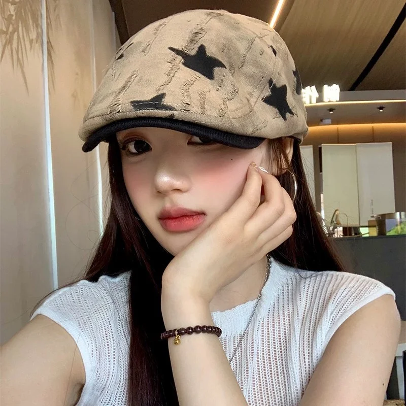 Vintage Distressed Star-Print Women’s Versatile Backward-Wearable Baseball Cap / Beret (Large Head Circumference)