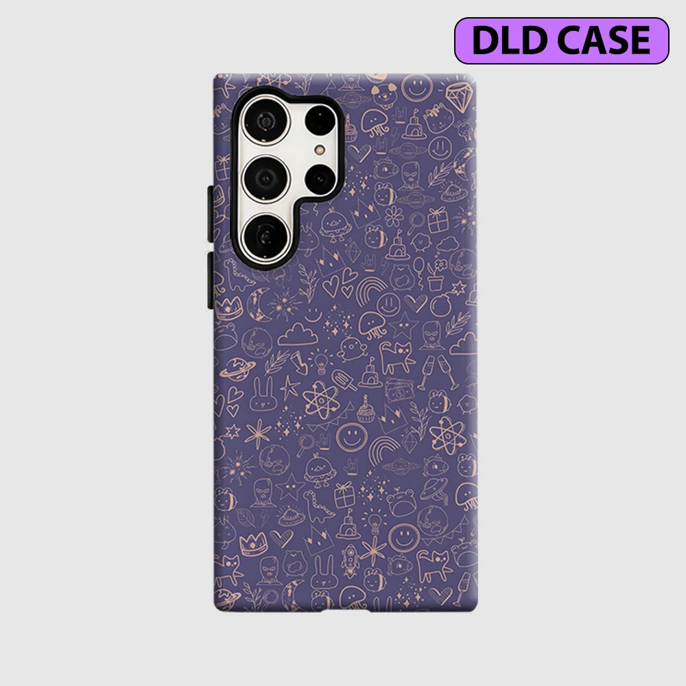 Whimsical Doodle Collage Phone Case for Samsung Galaxy S26 S25 Ultra S24 S23 Ultra Plus Shockproof Double Layer Tough Back Cover