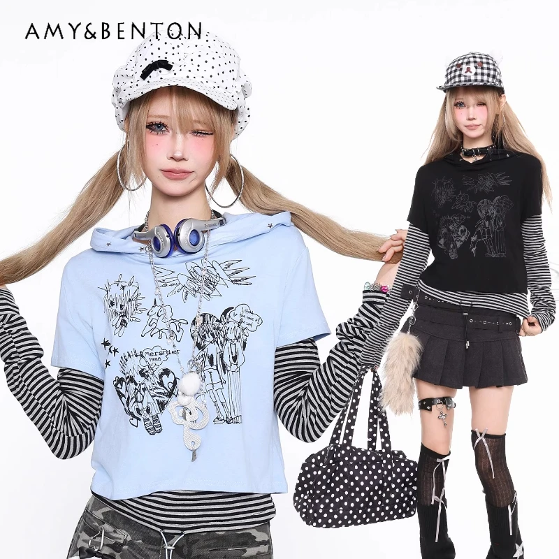 

Осенняя новая женская футболка с мультяшным узором из двух частей и длинными рукавами, оригинальный ретро-дизайн, универсальная женская толстовка с капюшоном