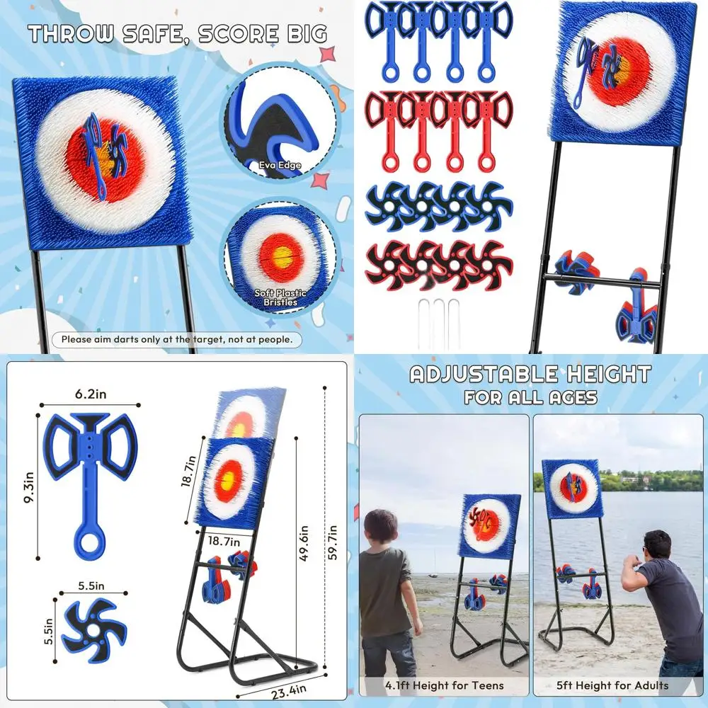 

Axe Throwing Game Set with Steel Frame for Outdoor and Indoor Use, Adjustable Height, Includes Axes and Stars for Backyard Fun a
