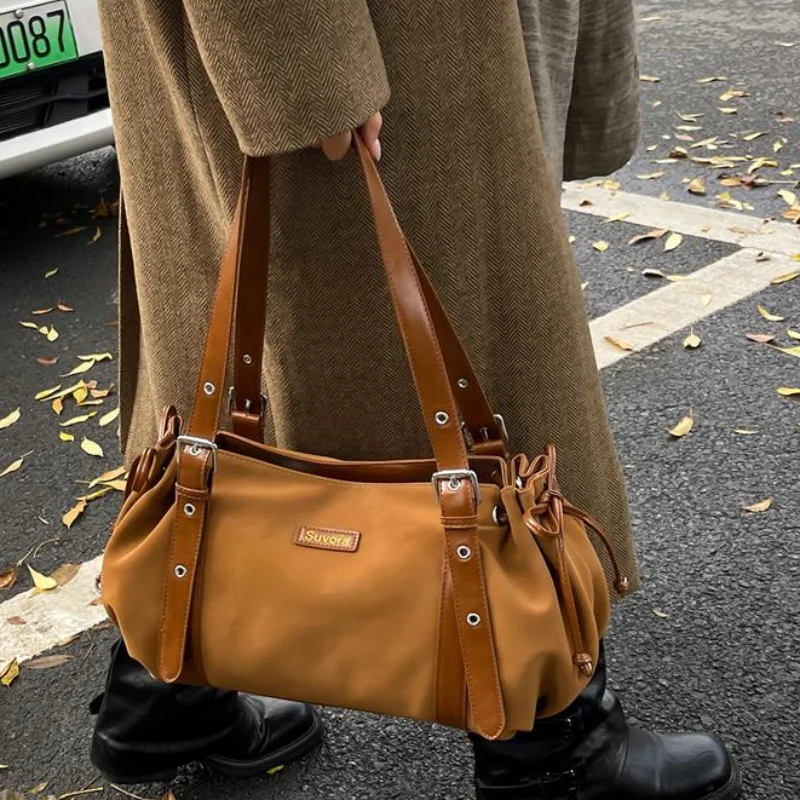 

Vintage Suede Boston Bag Women Drawstring Handbag Belt Buckle Design Fashion Shoulder Bag Large Capacity Commuter Crossbody Bag