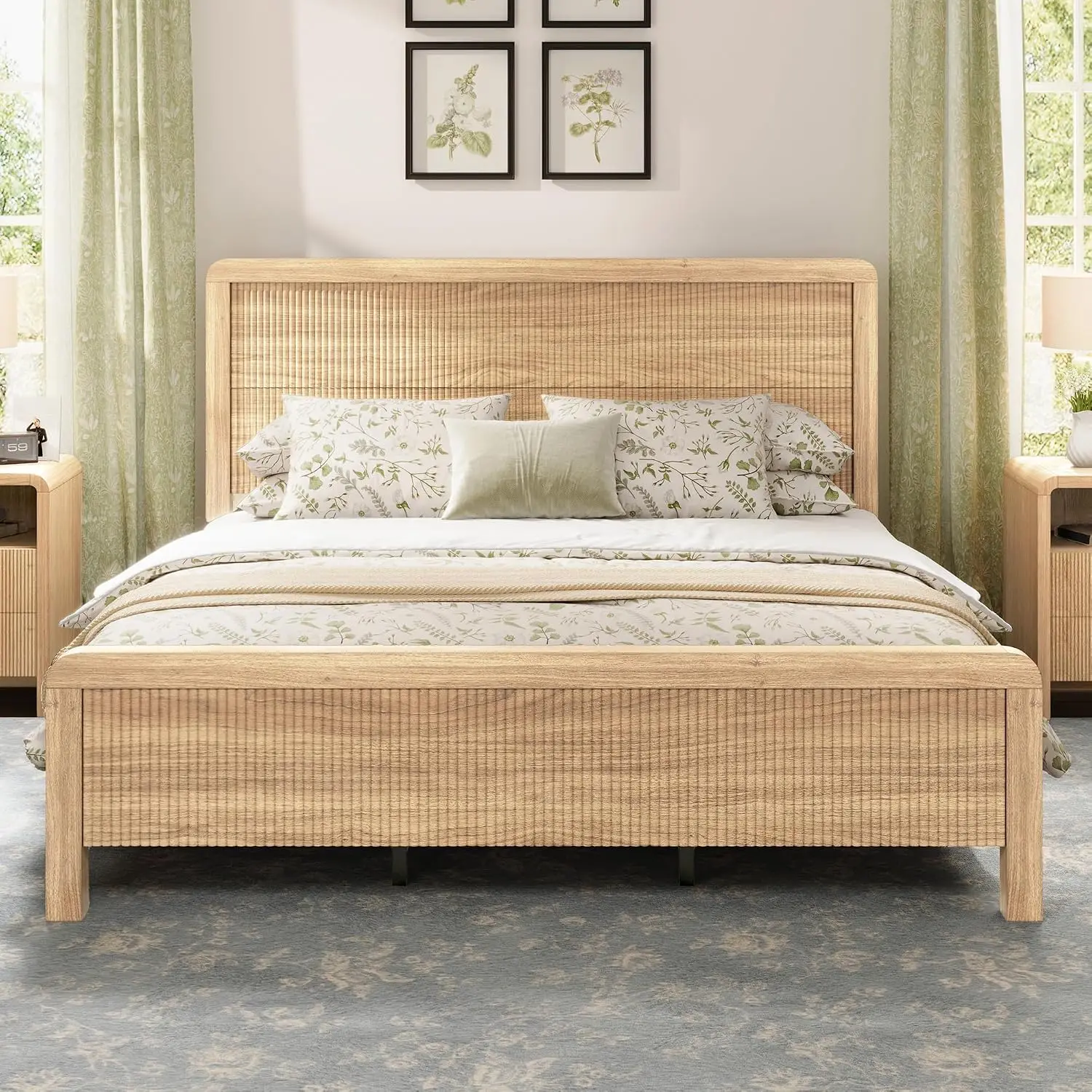 Wood King Size Bed Frame with Headboard & Footboard, Modern Fluted Wooden Platform Bedframe with Rounded Safety Edges,Custom view 2