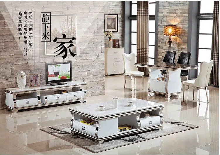 Linlamlim Stylish Living Room Furniture Set with Marble Stainless Steel Foldable TV Stand and Coffee Table TV Table Centro Table