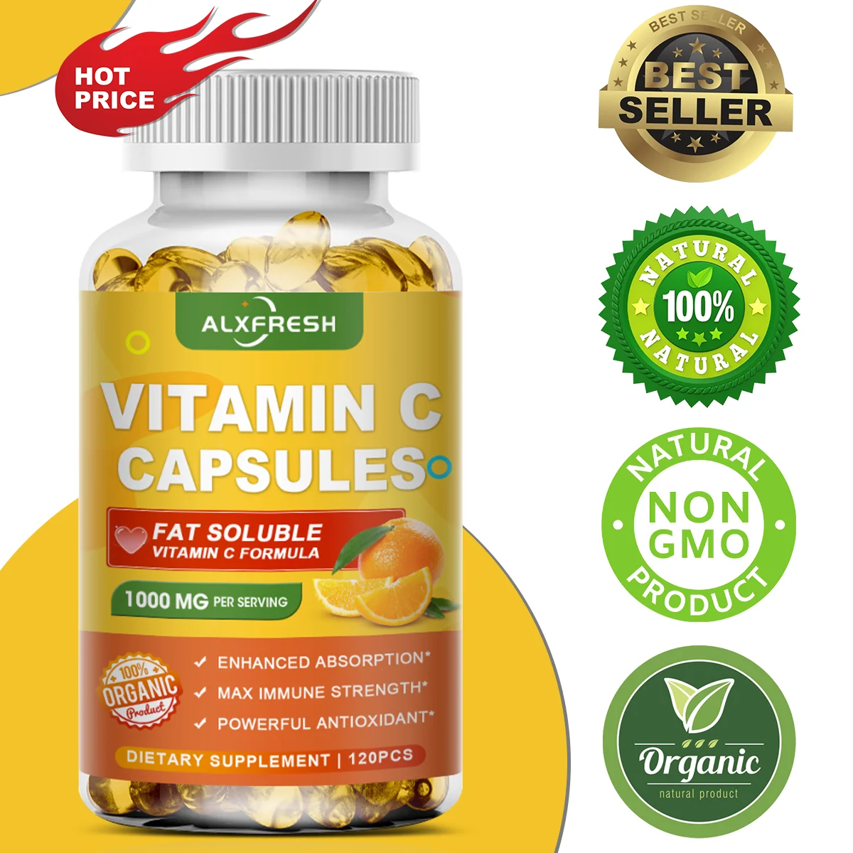 Alxfresh Vitamin C 1000MG Capsule for Immune System, Joint, Skin Health Support, Non-GMO,Vegen, Gluten Free, Daily VC Supplement