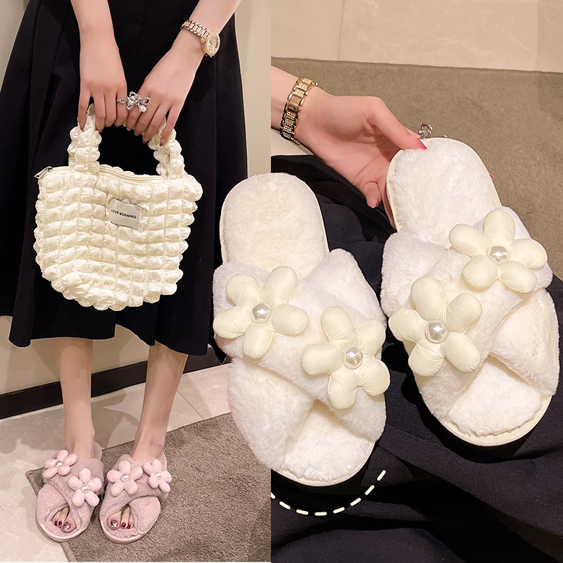 Winter Women's Warm and Fluffy Home Flower Pearl Decorated Furry Cotton Slippers