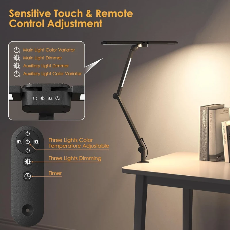 24W 3 Heads Desk Lamp with Clamp Study Lamp Dimmable Touch Sensitive+Remote Control with Timer Eye Care Office Working Reading