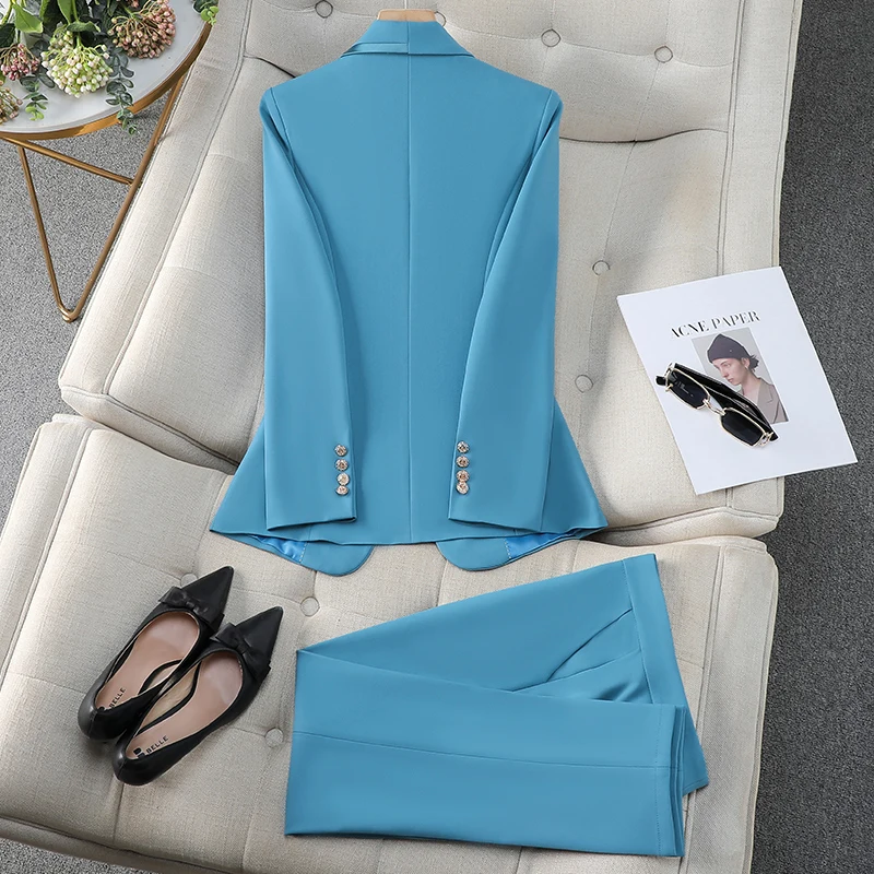 Fashion Blue Khaki Black Ladies Work Wear Blazer Pant Suit Women Female Formal Jacket and Trouser 2 Piece Set for Autumn Winter