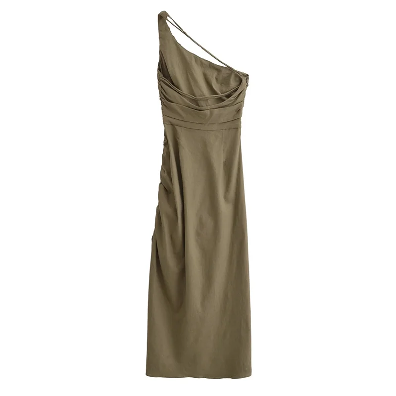 TRAF vestido asimétrico ajustado para mujer, vestido Midi fruncido con Espalda descubierta, sin hombros, vestidos largos sin mangas para fiesta de verano