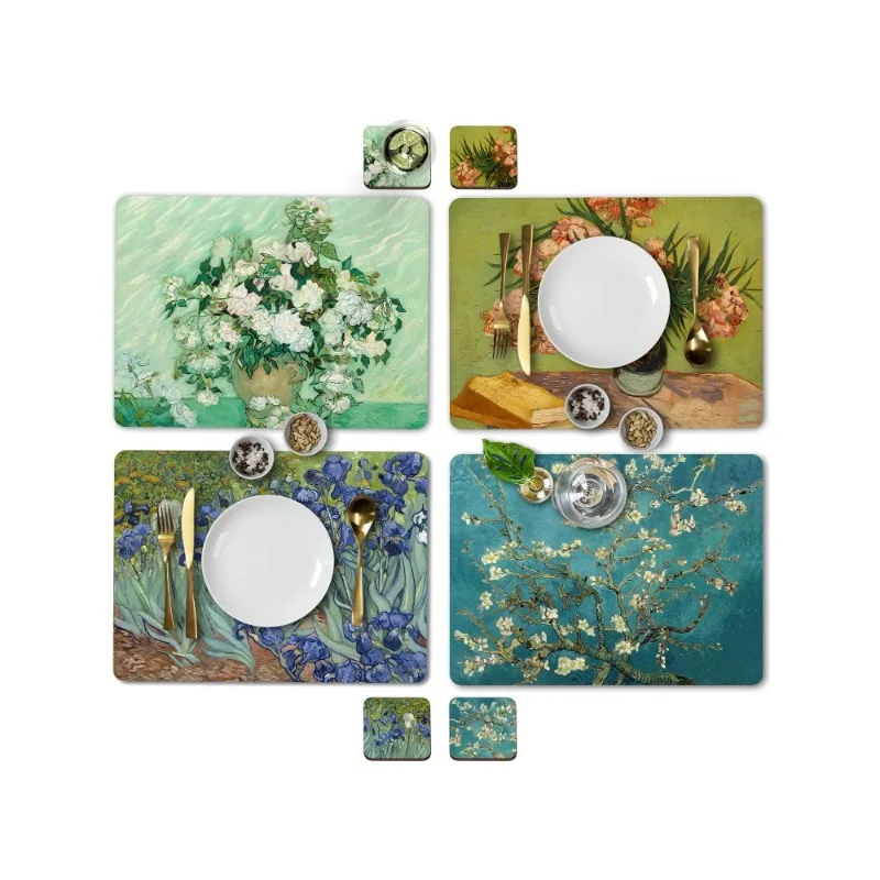 Set of 4 Heat Resistan  Drink Coasters Sage Green Marble Design 16 x 12 Inches Cork Backed Hard Placemats (Floral Van Gough)