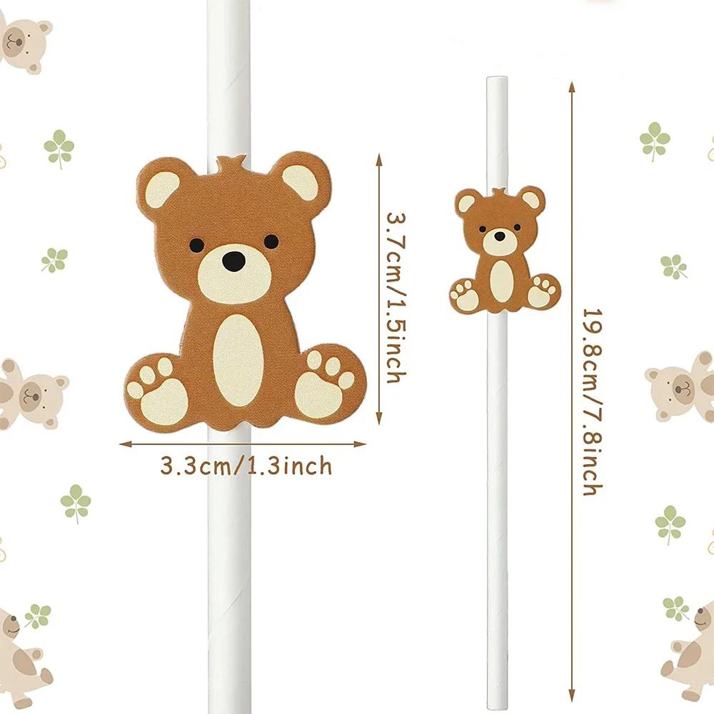 20PCS Bear Paper Straws Little Cutie  White Brown  Disposable Drinking   for   Baby Shower Decor