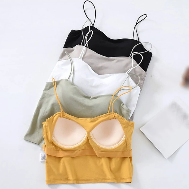 Women's Spaghetti Strap Crop Top With Chest Pad Sleeveless Casual Basic Tops Sports Yoga Camisole With Built In Bra