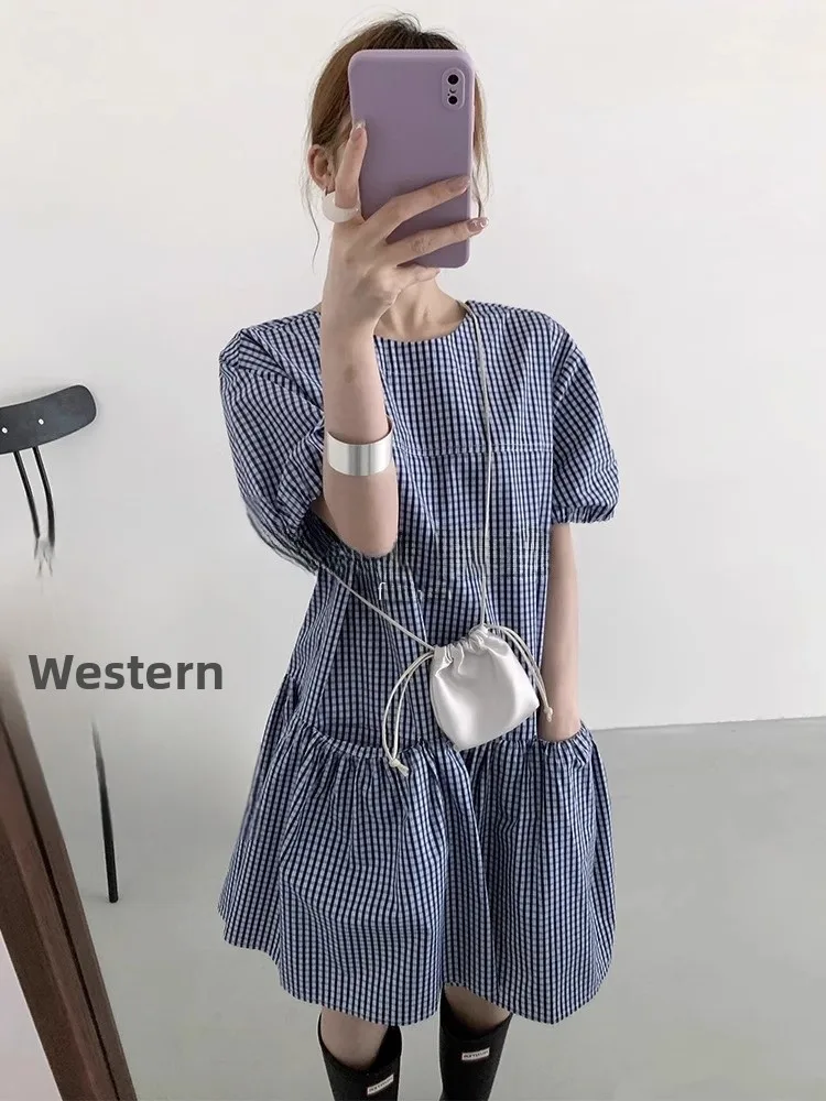 

ROUJE KEFSS Anti-Aging Plaid Dr Women's Summer Vintage Bubble Sve ort Skirt High Waist A-Line Dr Commute Sle