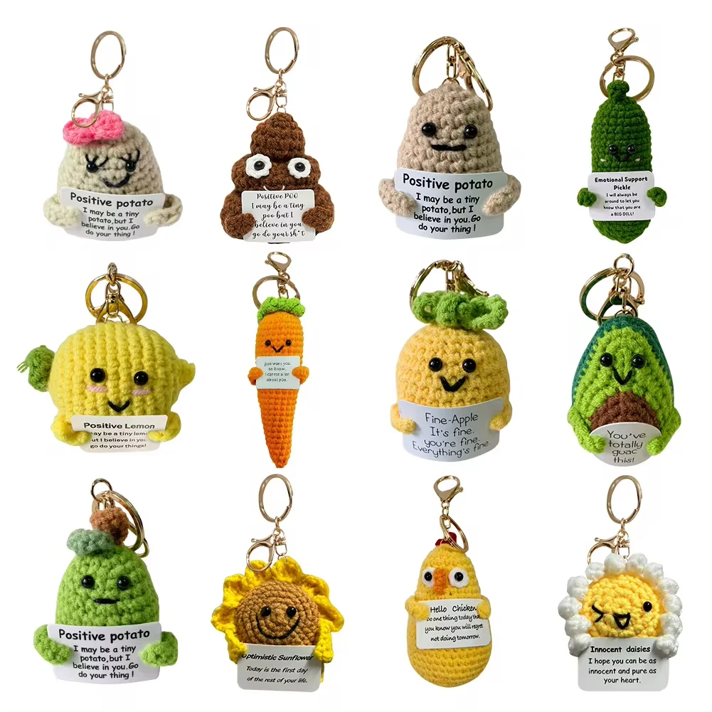 Positive Potatoes Keychain Pendant with Card Knitting Inspired Toy Mini Handmade Ornament Funny Knitted Potato Doll Gifts