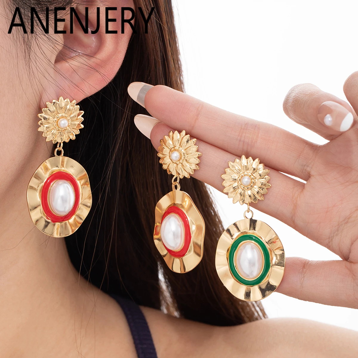 ANENJERY 316L Edelstahl Blumen-Geometrie Ovale Wassertropfen-Perlen-Ohrringe für Frauen Persönlichkeit Vintage Damen-Schmuck Geschenke