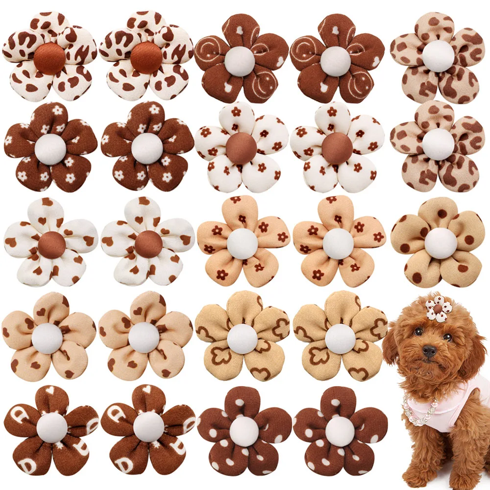 10/20/30PCS Dog Hair Flower With Rubber Bands Handmade Coffe