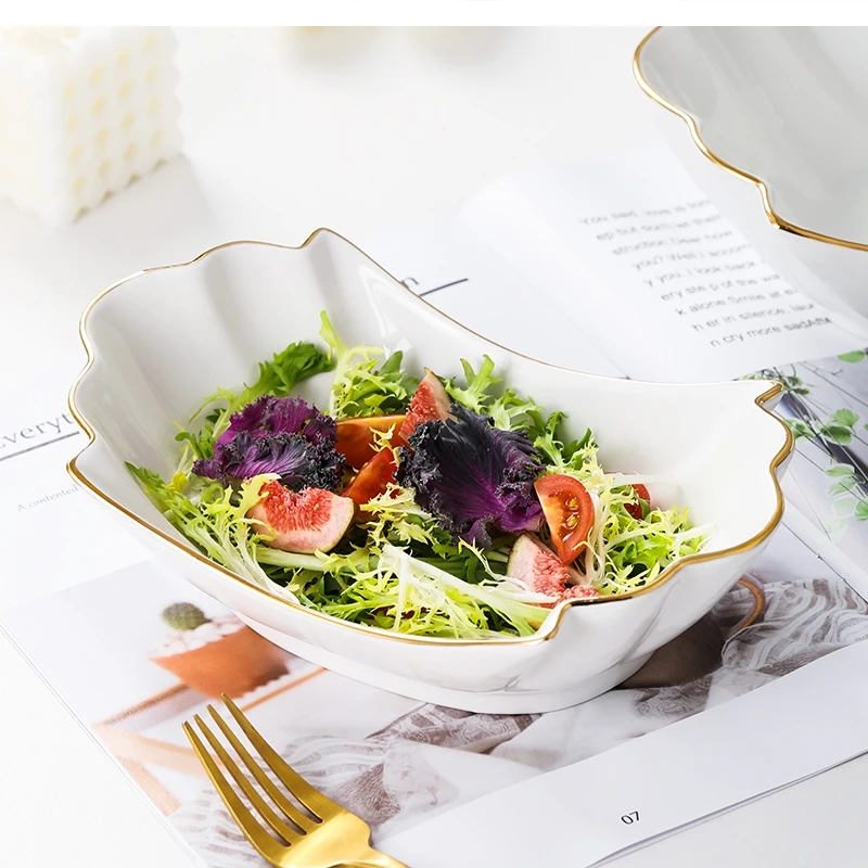 European tracing gold Ceramic Household Soup Bowl shaped Pasta Bowls Fruit Salad Cold Dish Hotel restaurant cutlery